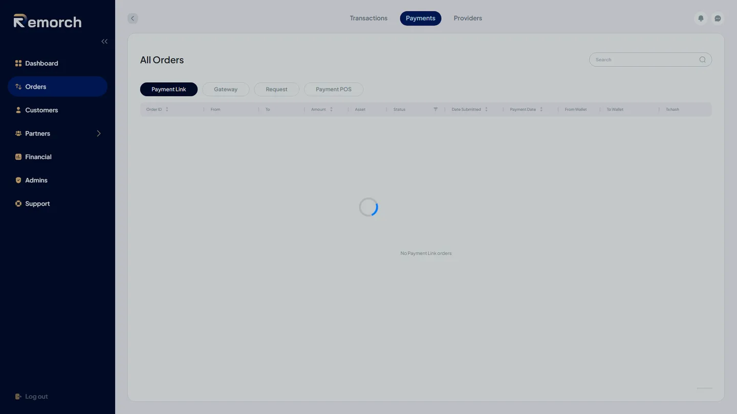 The payments tab showing a loading overlay above an empty-state message
